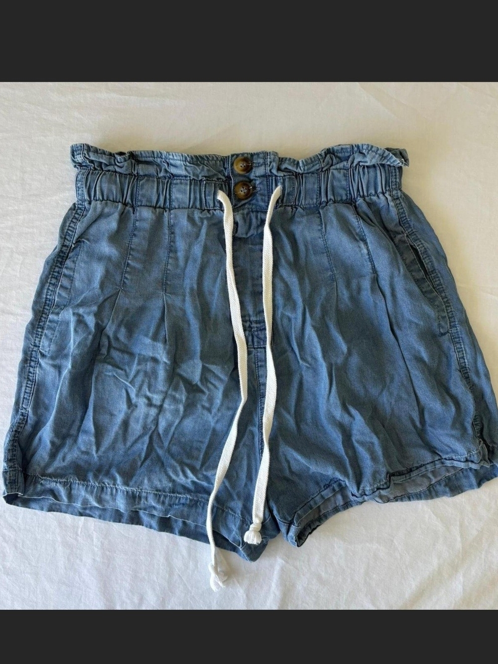 Zenana Outfitters Denim-Look High Waist Shorts with White Drawstring Size L